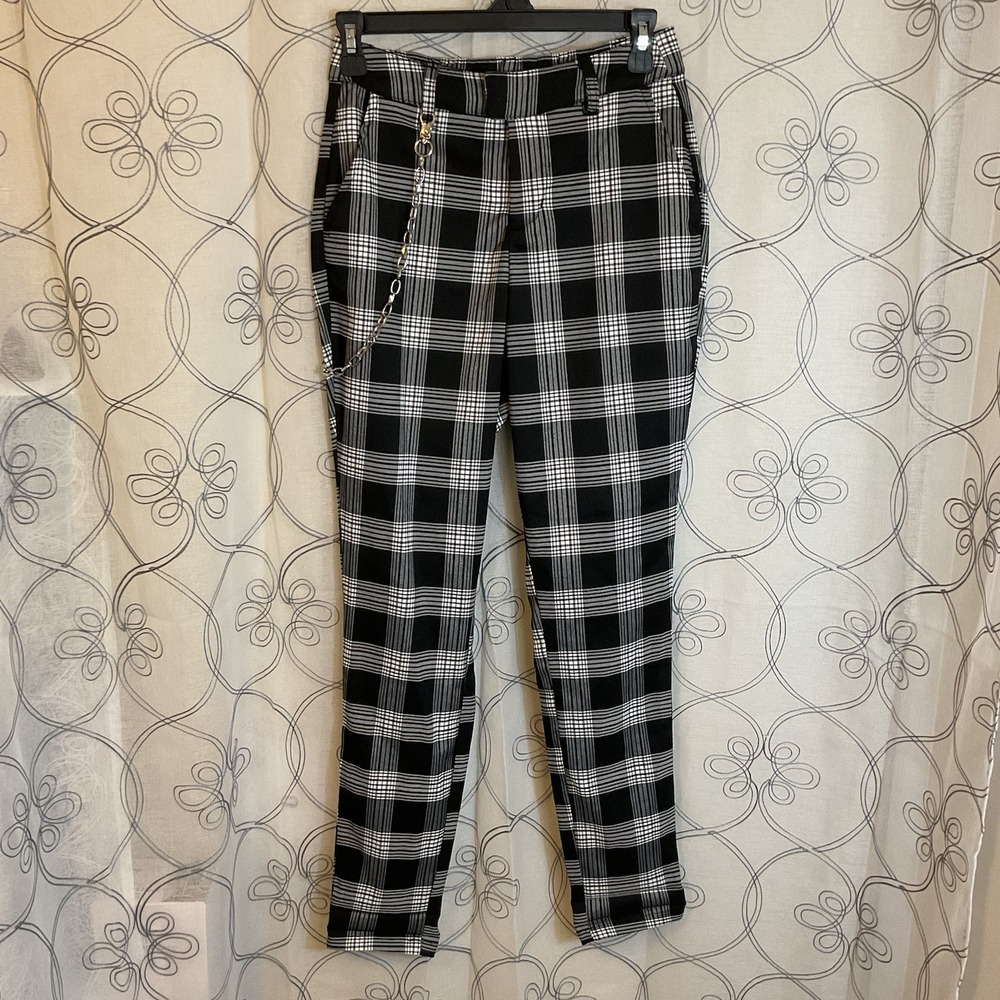 Hot Topic Black & White Plaid Trouser Pants With Detachable Chain XS Goth Punk
